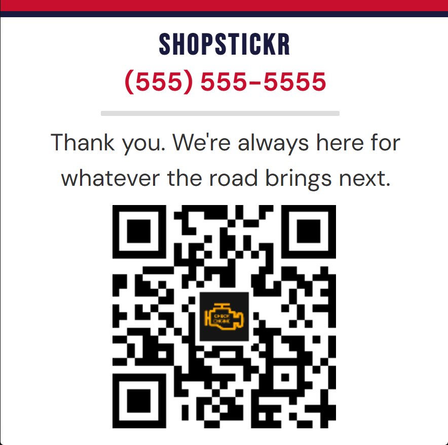 ShopStickR service note label — shop name, phone, thank you message, QR code